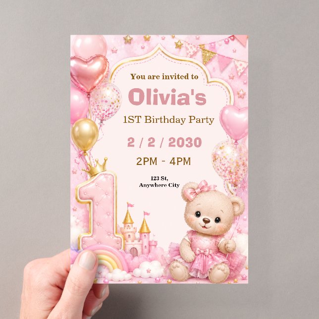 Cute Pink First Birthday Party Invite Acrylic Invitations (Insitu (Handheld))