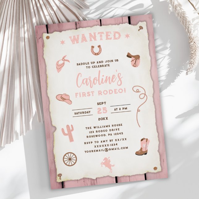 Cute Pink First Rodeo Baby Girl 1st Birthday Invitation (Creator Uploaded)