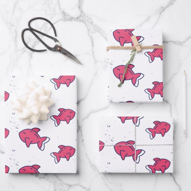 Cute Pink Fish Pattern Wrapping Paper Sheet (Front)