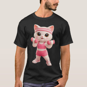 Cute Pink Fitness Cat Workout Illustration T-Shirt