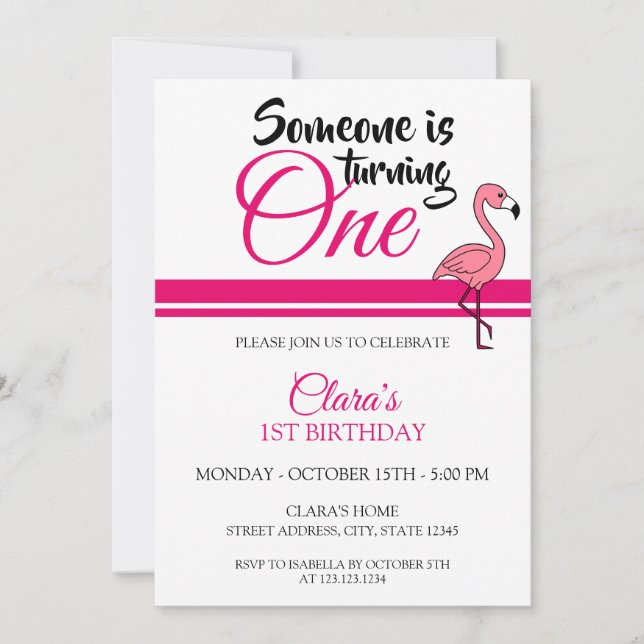 Cute Pink Flamingo 1st Birthday Invitation (Front)