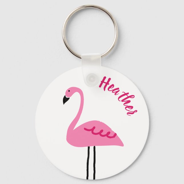 Cute Pink Flamingo Add Custom Name Girly Keychain (Front)