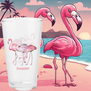 cute pink flamingo add name beach Glass