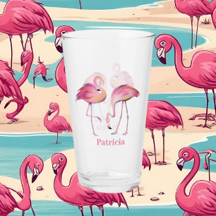 cute pink flamingo add name beach Glass