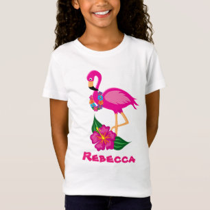 Cute pink flamingo add name girls t-shirt
