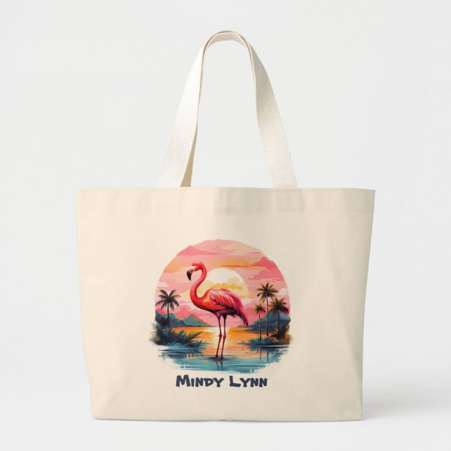 Cute pink flamingo add name  large tote bag (Front)