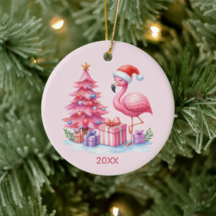 Cute pink flamingo add name year ceramic tree decoration