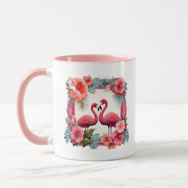 Cute pink flamingo add names Wedding Date  Mug (Left)