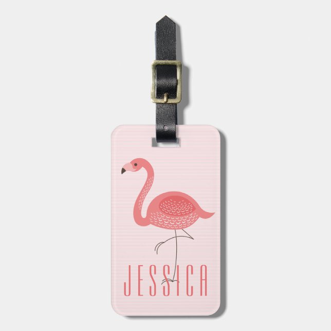 Cute Pink Flamingo And Stripes Luggage Tag (Front Vertical)