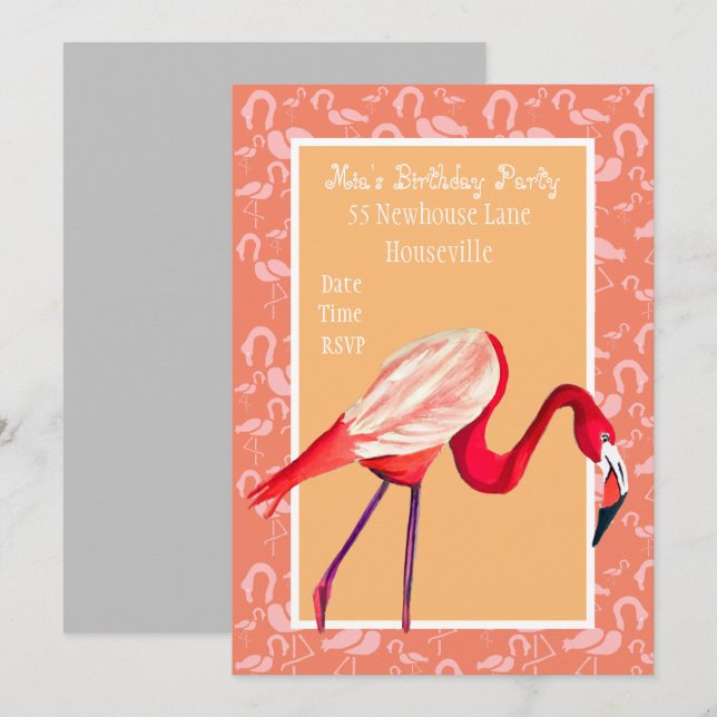 Cute pink flamingo art girl Party Invitation (Front/Back)