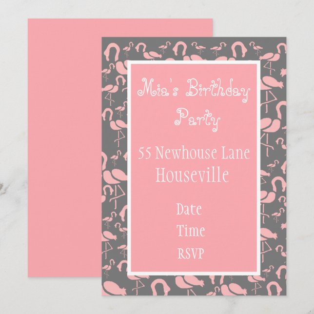 Cute pink flamingo art girl Party Invitation (Front/Back)