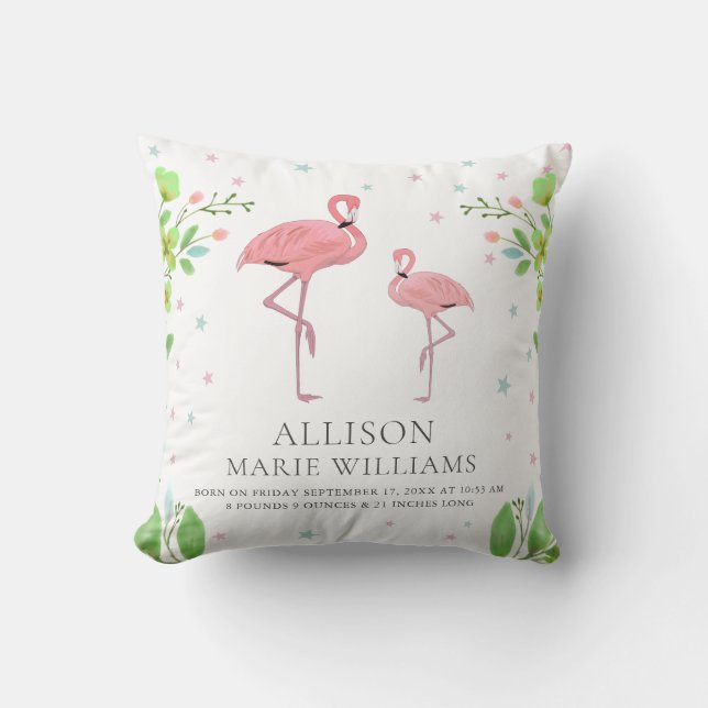 Cute Pink Flamingo Baby Girl Birth Stats Cushion (Front)