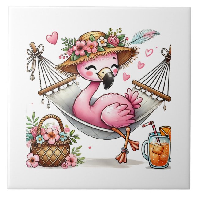 Cute pink flamingo beach lovers tile (Front)