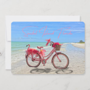 Cute Pink Flamingo Bicycle on Sanibel Island Beach Card