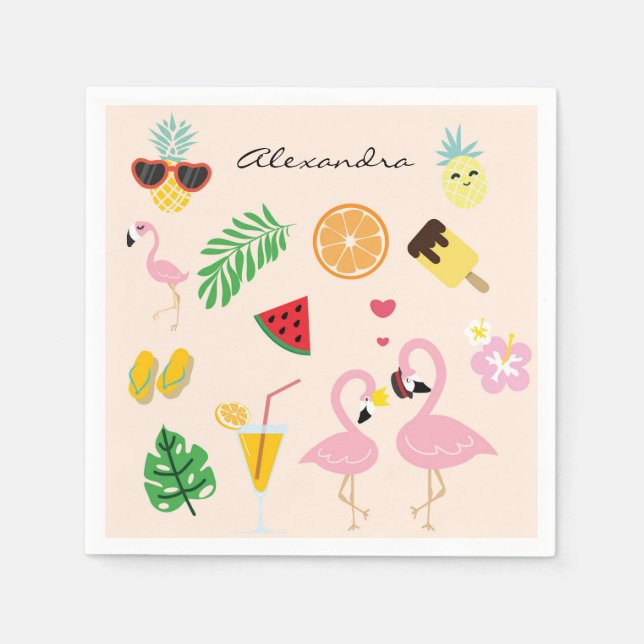 Cute Pink Flamingo Couple with Tropical Summer Napkin (Front)