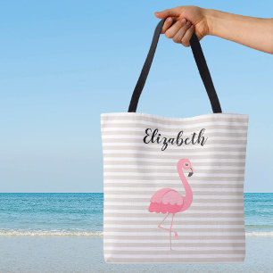 Cute Pink Flamingo Custom Name Tan Stripes  Tote Bag