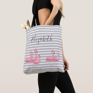 Cute Pink Flamingo Custom Name Trendy Grey Stripes Tote Bag