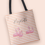 Cute Pink Flamingo Custom Name Trendy Peach Stripe Tote Bag<br><div class="desc">Five cute flamingos stand on a trendy peach and white striped background. Add custom name or text in coordinating calligraphy on front and back!  Contact me anytime at beachpausedesigns@gmail.com if you have questions regarding this design or a custom request.</div>