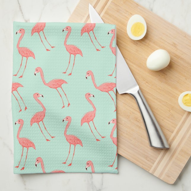 Cute Pink Flamingo Drawing Pattern Tea Towel (Quarter Fold)