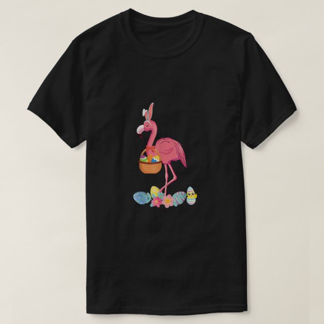 Cute Pink Flamingo Easter Eggs Basket, Funny Flami T-Shirt (Design Front)