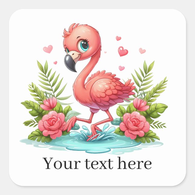 Cute pink flamingo flowers add text square sticker (Front)