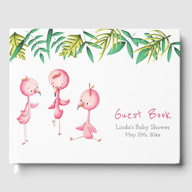 Cute Pink Flamingo Girl Baby Shower Guest Book (Front)