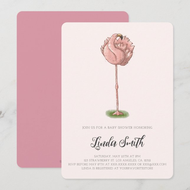 Cute Pink Flamingo Girl Baby Shower Invitation (Front/Back)