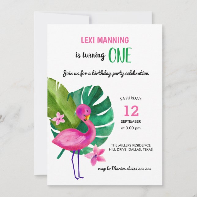 Cute Pink Flamingo | Girl Birthday Party Invitation (Front)