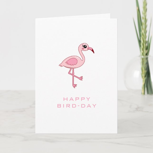Cute Pink Flamingo Happy Bird-day Card (Front)