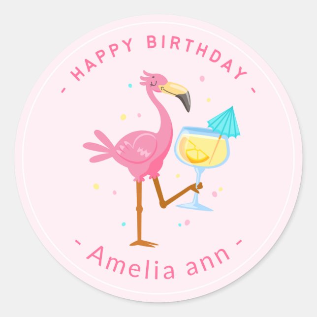 CUTE PINK  FLAMINGO HAPPY BIRTHDAY GIRL CLASSIC ROUND STICKER (Front)