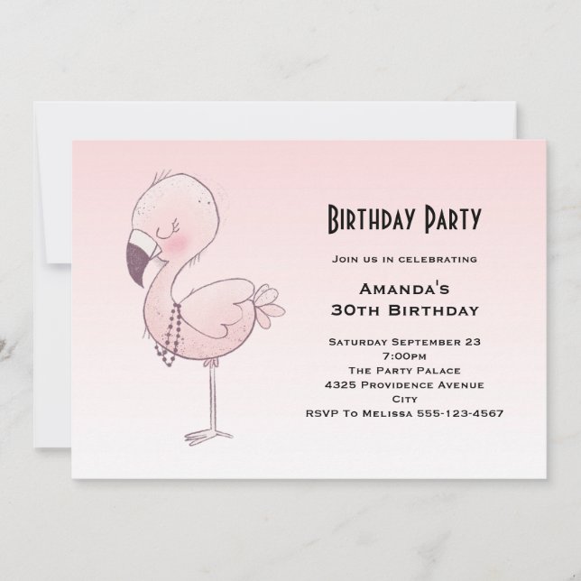 Cute Pink Flamingo Illustration Birthday Invitation (Front)