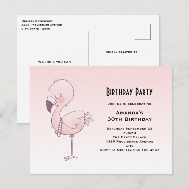 Cute Pink Flamingo Illustration Birthday Party Postcard (Front/Back)