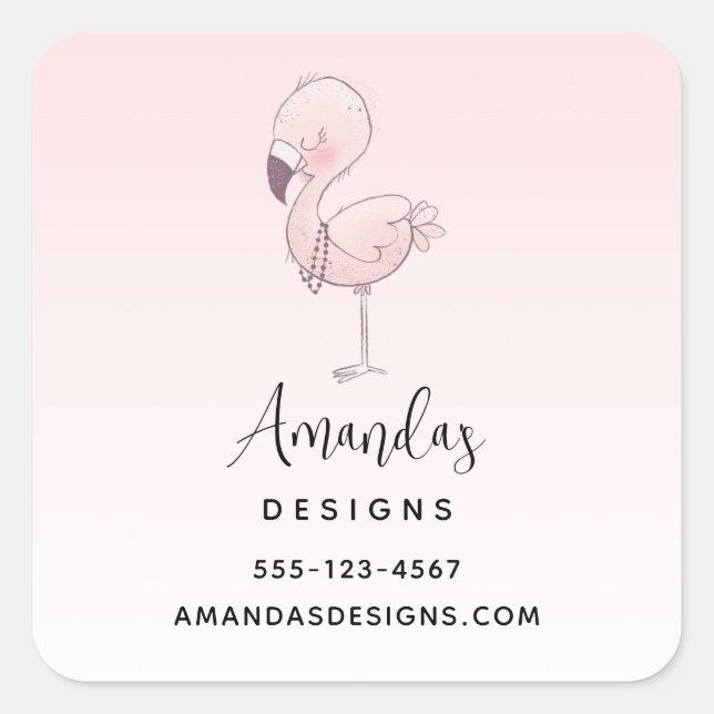 Cute Pink Flamingo Illustration Business Square Sticker (Front)