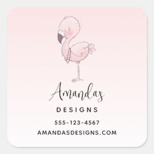 Cute Pink Flamingo Illustration Business Square Sticker