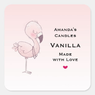 Cute Pink Flamingo Illustration Candle Business Square Sticker