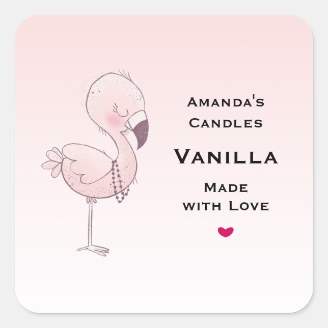 Cute Pink Flamingo Illustration Candle Business Square Sticker (Front)