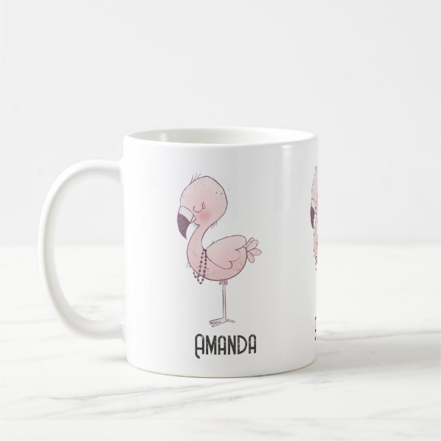 Cute Pink Flamingo Illustration Coffee Mug (Left)