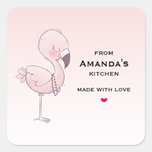 Cute Pink Flamingo Illustration Kitchen Square Sticker