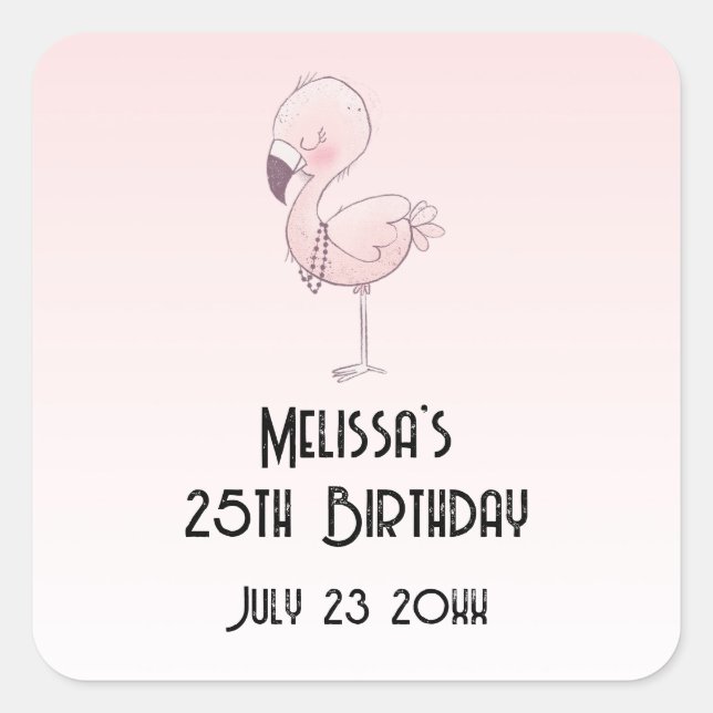 Cute Pink Flamingo Illustration Party Date Square Sticker (Front)