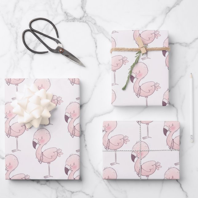 Cute Pink Flamingo Illustration Pattern Wrapping Paper Sheet (Front)