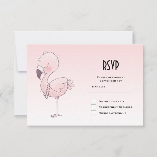 Cute Pink Flamingo Illustration RSVP Card (Front)