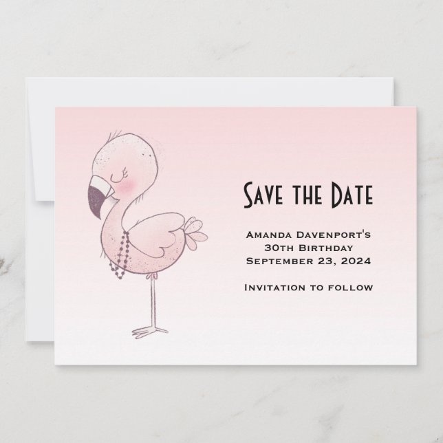 Cute Pink Flamingo Illustration Save The Date (Front)