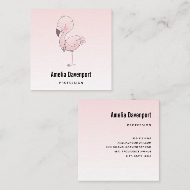 Cute Pink Flamingo Illustration Square Business Card (Front/Back)