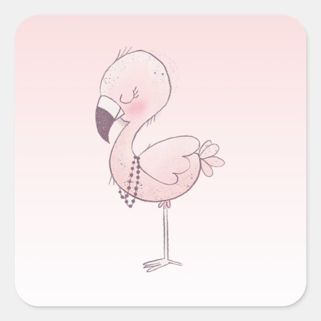 Cute Pink Flamingo Illustration Square Sticker (Front)