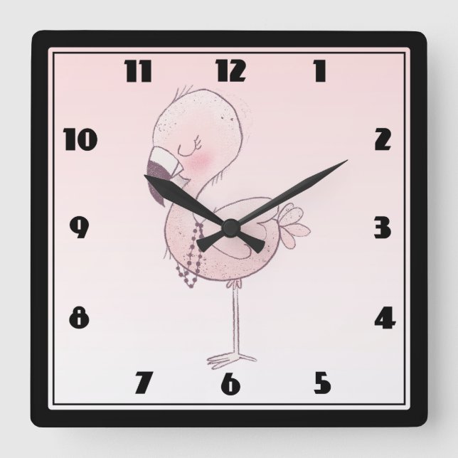 Cute Pink Flamingo Illustration Square Wall Clock (Front)