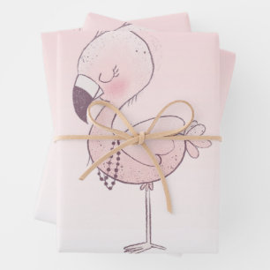 Cute Pink Flamingo Illustration Wrapping Paper Sheet