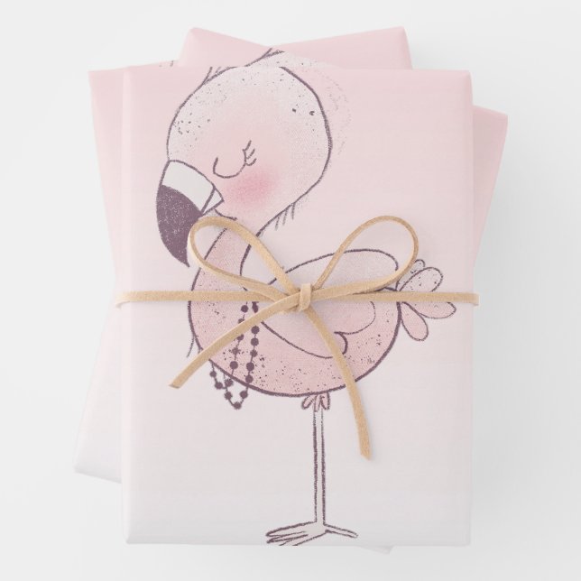 Cute Pink Flamingo Illustration Wrapping Paper Sheet (In situ)