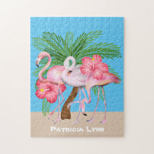 Cute pink Flamingo lover add name Beach Jigsaw Puzzle