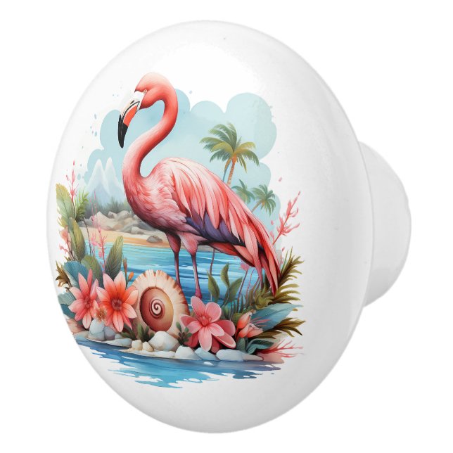 Cute pink flamingo lovers beach house  ceramic knob (Right)