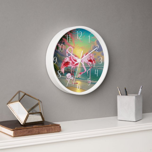 cute pink flamingo lovers beach house clock (Office)